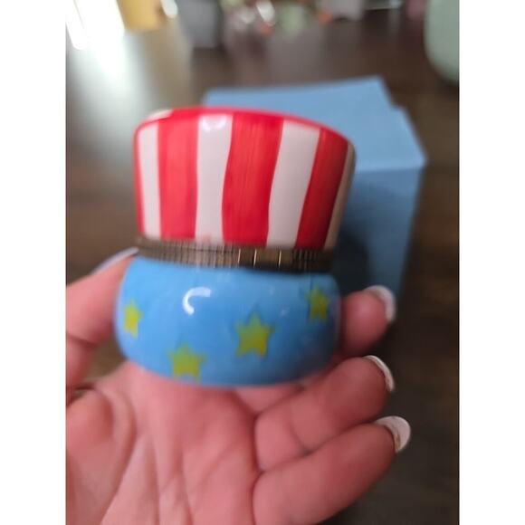 Vintage Uncle Sam USA Flag Top Hat Porcelain Hinged Trinket Box W/Star Trinket. - Picture 16 of 16